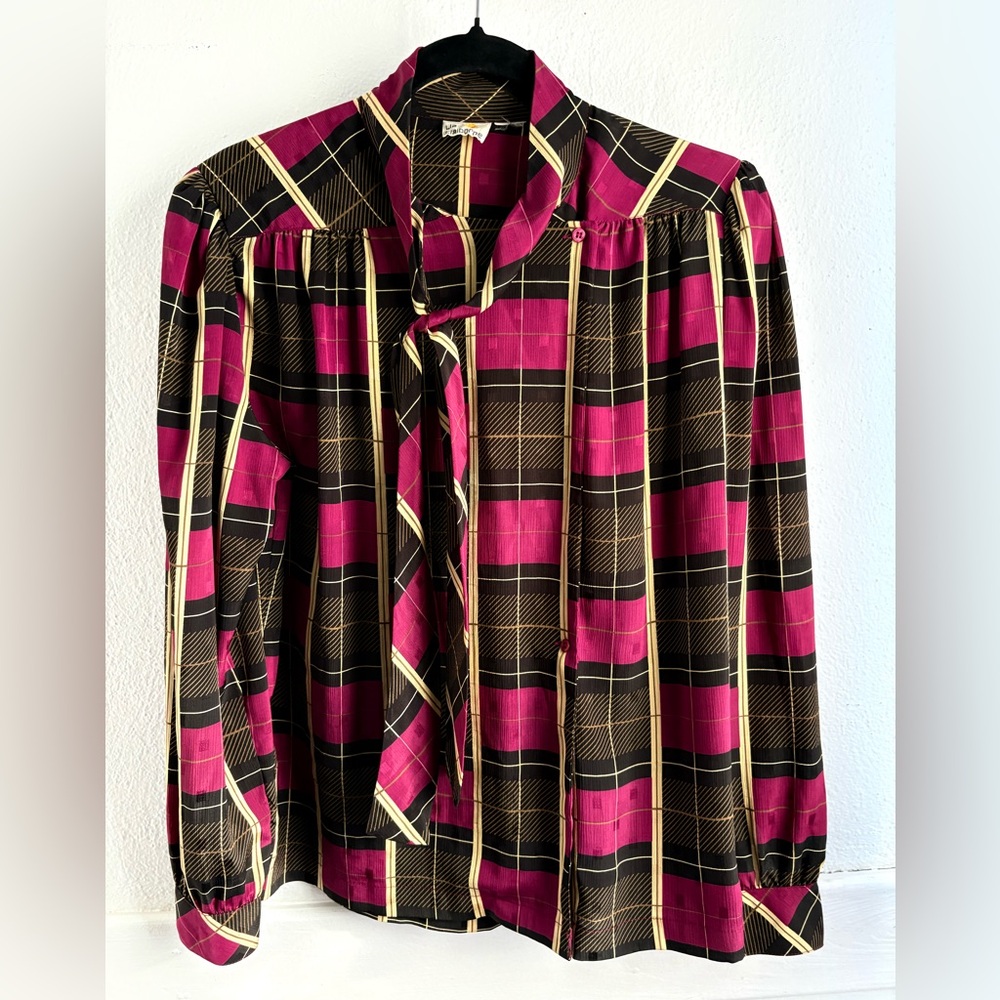 Vintage Liz Claiborne Silk Plaid Tie-Neck Blouse | Size Large